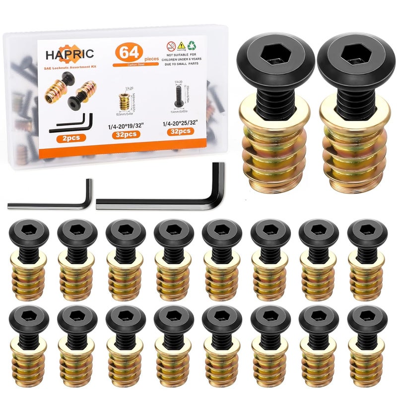 Hapric 32 Sets Threaded Inserts for Wood Furniture Screws - 1/4-20 x 25/32" Inserts and Bolts - Hex Socket Drive - 1/4-20 x 19/32" Screw-in Nuts - Image 1
